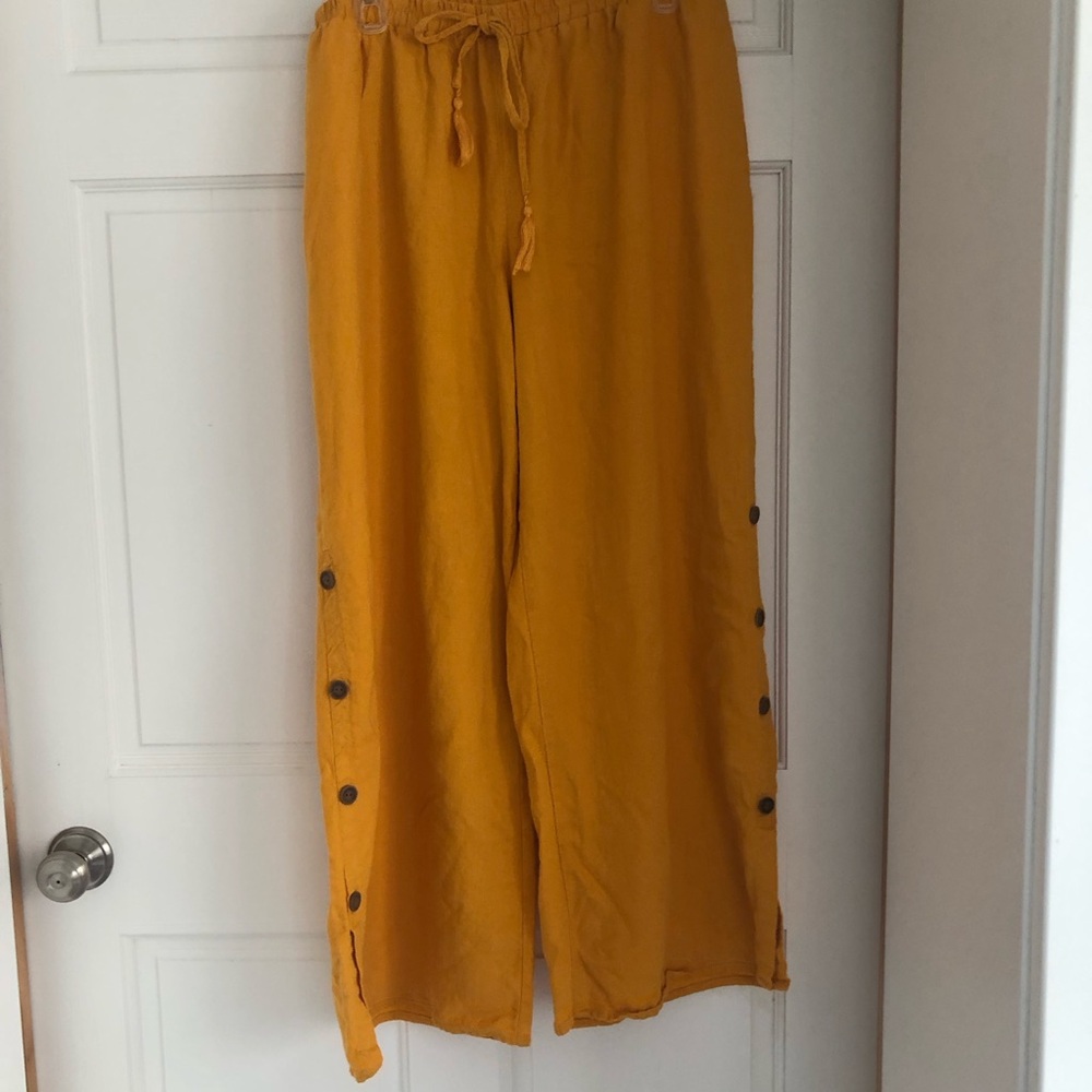 Yellow Wide Leg Pants with Button Detail